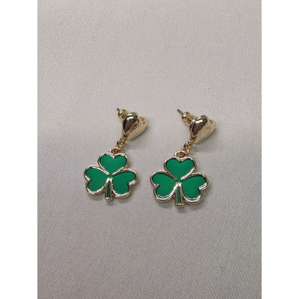 shamrock With Heart earrings Hanging Gold & Green Dangle Jewelry Saint Patricks